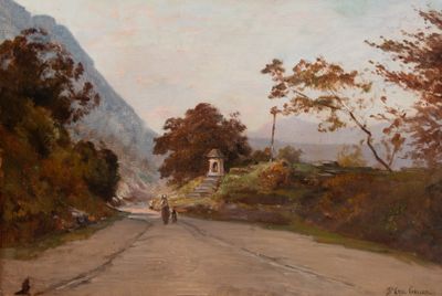 un tableau représentant un cheval et une calèche sur une route de campagne