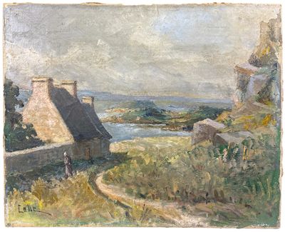 une image d'une peinture représentant une maison sur une colline