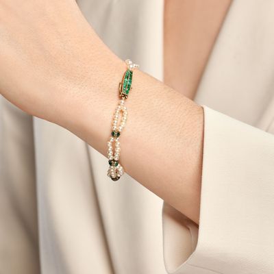 Annees 1920 Bracelet Emeraudes Perles DE Culture