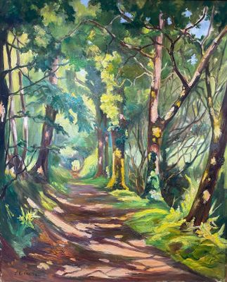 an oil painting of a path through a forest with trees