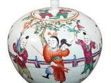 a white vase with a painting on it on a white background
