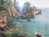 un tableau représentant une falaise rocheuse au bord de l'eau