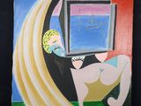 un tableau représentant une femme tenant un téléviseur posé sur une table