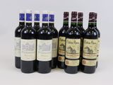 six bottles of wine are lined up in a row on a white surface