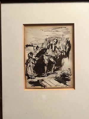 un dessin en noir et blanc représentant un homme à cheval et une femme à cheval