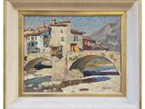 an oil painting of a bridge over a river with buildings in the background