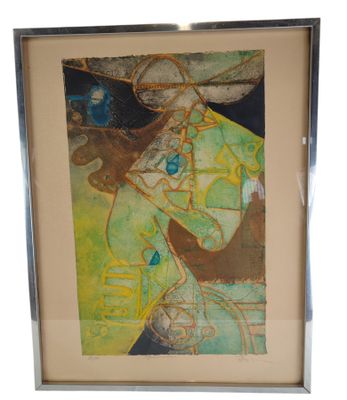 tableau représentant une femme coiffée d'un chapeau et vêtue d'une robe verte, dans un cadre argenté
