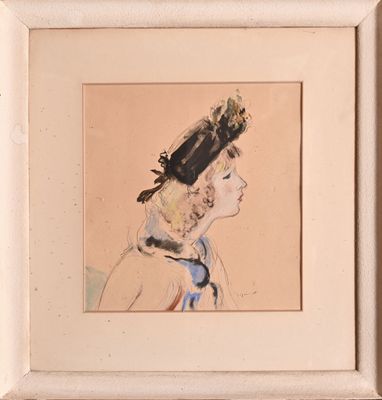 tableau représentant une femme coiffée d'un chapeau orné d'une coiffe à plumes