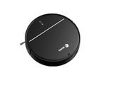 a close up of a black robot vacuum cleaner on a white surface