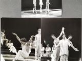 three black and white photographs of a couple of people on a stage