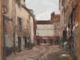 tableau représentant une scène de rue avec des bâtiments et une voiture au loin