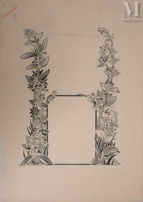 un dessin en noir et blanc représentant la lettre « h » entourée de fleurs