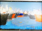 a painting on the wall of a room with a painting of a city