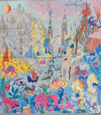 une image représentant une peinture colorée d'une ville peuplée de nombreux animaux