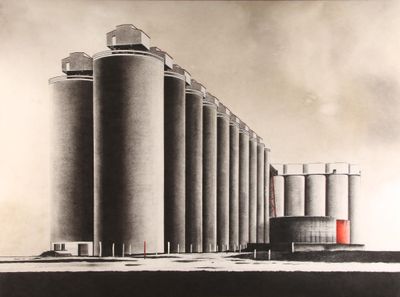 an image of a black and white drawing of a grain elevator