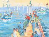 painting of a group of people fishing off a pier with boats in the background