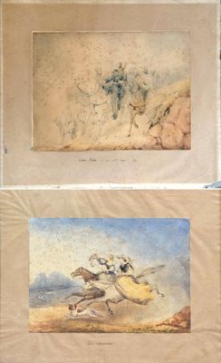 deux aquarelles représentant un homme à cheval et un homme à cheval