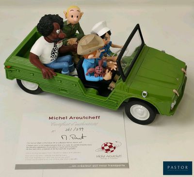 figurines représentant des personnes à bord d'une voiture verte, accompagnées d'un certificat