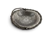 an antique silver plate with a handle on a white background