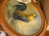 a painting of a rooster in a brown bowl on a shelf