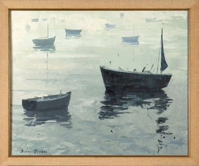 a painting of boats floating in the water on a foggy day