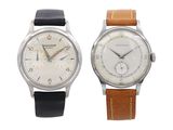 pair of watches with white dials and brown leather strap