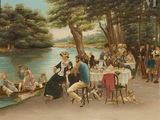 un tableau représentant un groupe de personnes assises à une table au bord de l'eau