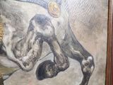 a painting of a horse that is laying down on the ground