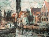 painting of a village with a river and a church in the background
