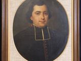 a painting of a man in a black coat with a red collar
