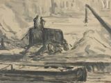 a drawing of a man on a boat in the water