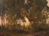 a painting of a landscape with trees in the foreground