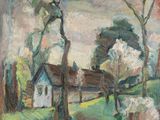 une peinture représentant une peinture d'une maison et d'arbres dans un champ