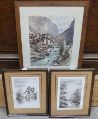 two framed pictures of mountains and a river in a wooden frame