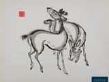 Peinture à l'encre de Chine représentant deux chevaux s'affrontant sur un fond blanc