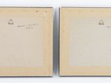 two framed photographs of two birds on a white surface