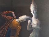 a painting of a woman and a dog in a room