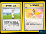 two cards with a picture of a woman and a man in a yellow dress