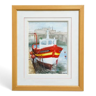 painting of a red and yellow boat docked in a harbor