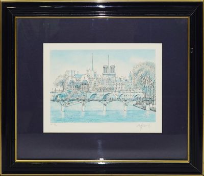 peinture d'une vue d'une ville avec un pont sur une rivière