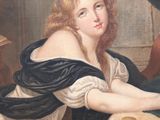 a painting of a woman in a white dress sitting on a bed
