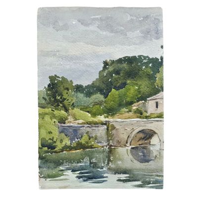 aquarelle représentant un pont enjambant une rivière, avec des arbres en arrière-plan