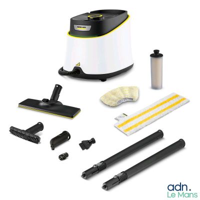 a white and black vacuum cleaner with cleaning supplies on a white background