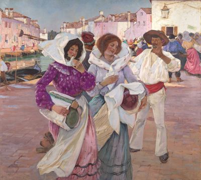 a painting of a group of people walking down the street