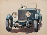 peinture représentant une voiture bleue dotée d'une grande calandre et d'une plaque d'immatriculation à l'avant du véhicule