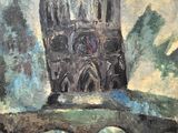 an oil painting of a painting of a cathedral on a bridge