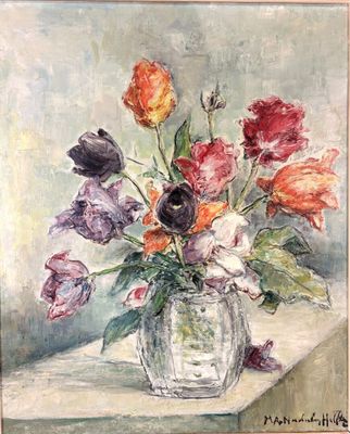 a painting of flowers in a vase on a table