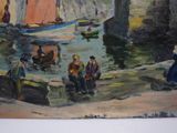 a painting of a group of people on the water
