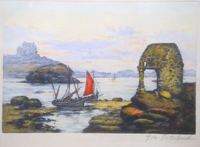 l'image d'une peinture représentant un bateau dans un plan d'eau
