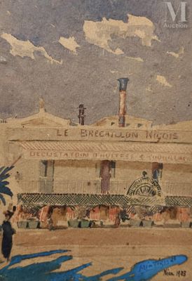 painting of a building with people walking in front of it and a man standing in front of it